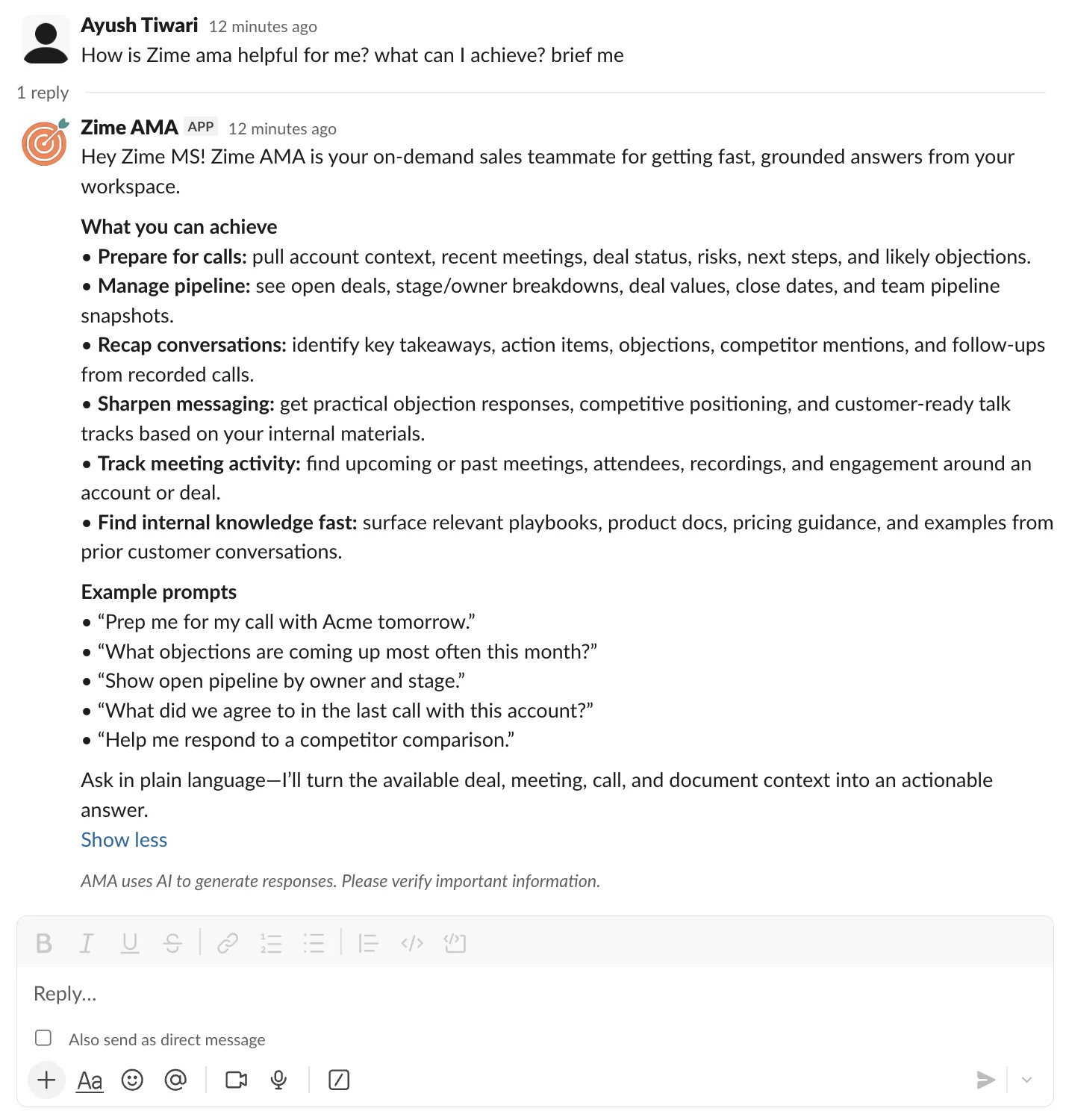 Zime AMA onboarding and sign-in flow in Slack, step 5